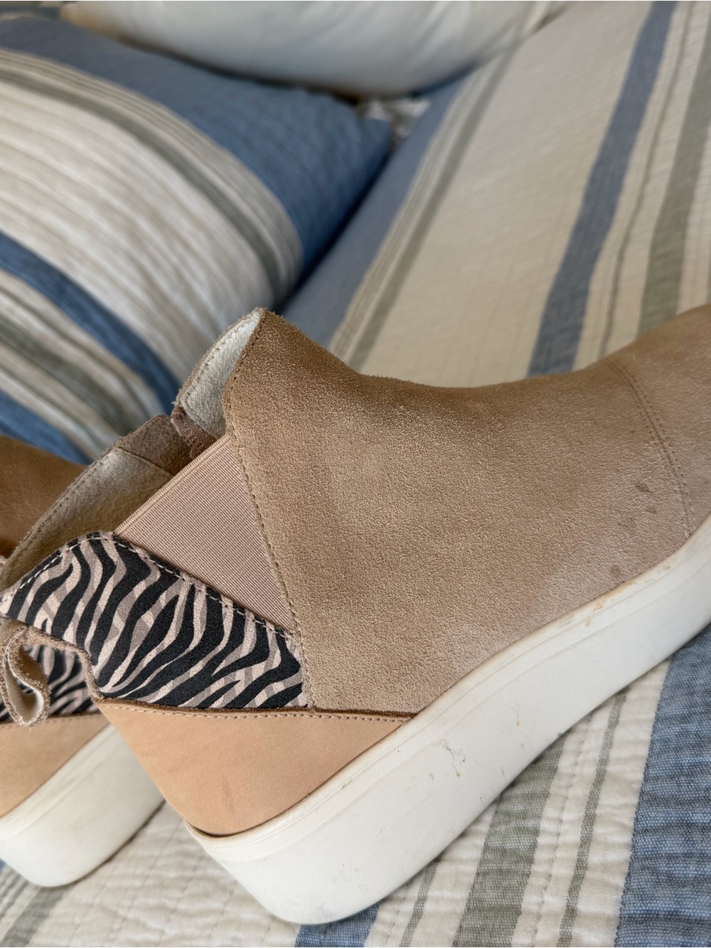 Toms Tan Suede Platform Slip-On Sneakers with Zebra Heel Accent